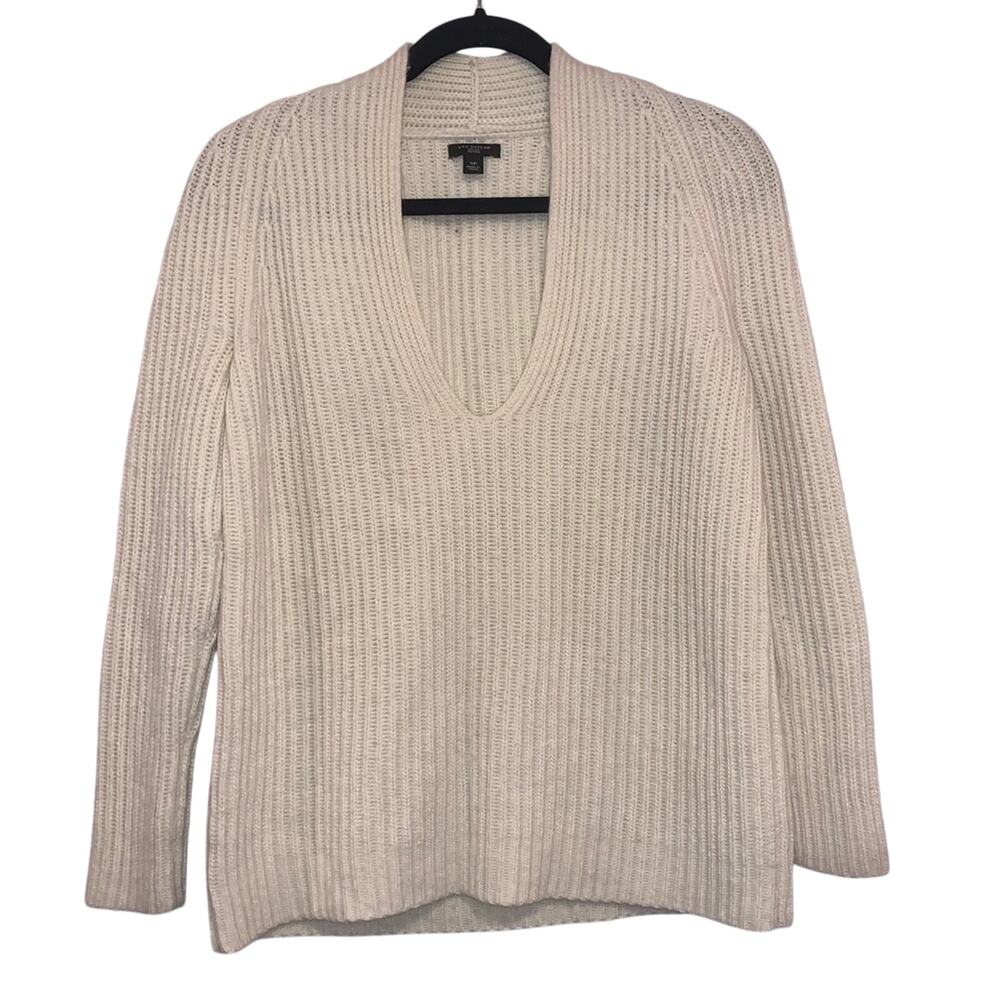 Ann Taylor Petite‎ Wool Blend Sweater Small P Cream Ribbed V Neck Minimalist
